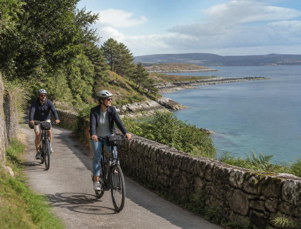 Cyclists following a quiet lane beside the Galician coast