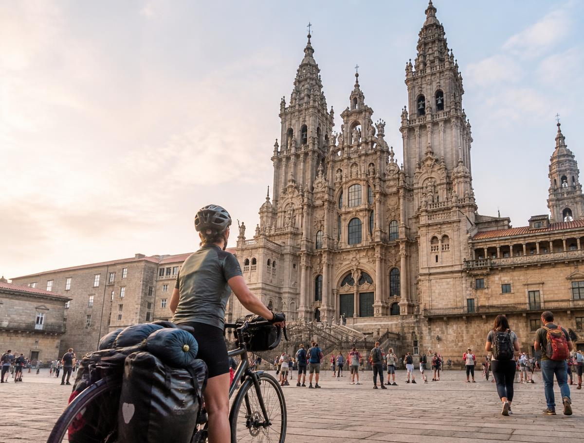 Cyclist arriving in front of Santiago de Compostela Cathedral